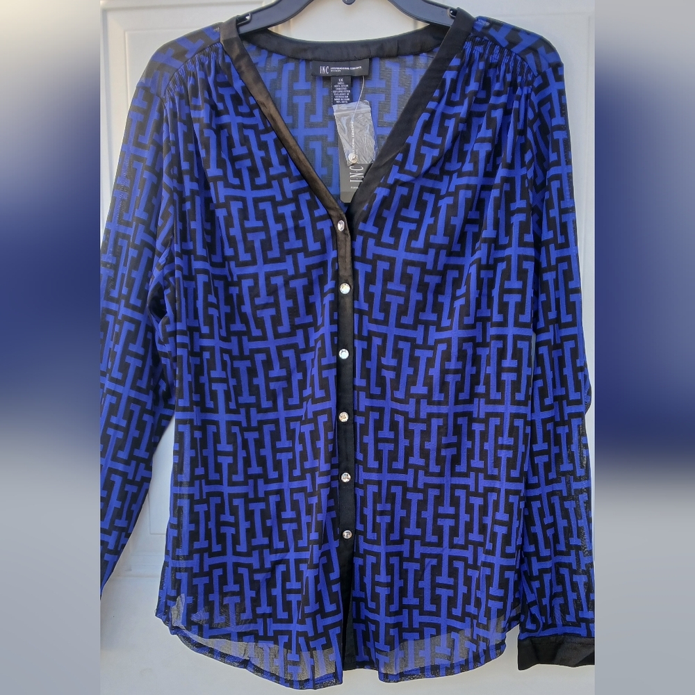 INC International Concepts Royal Blue and Black Geometric Button-Front Blouse